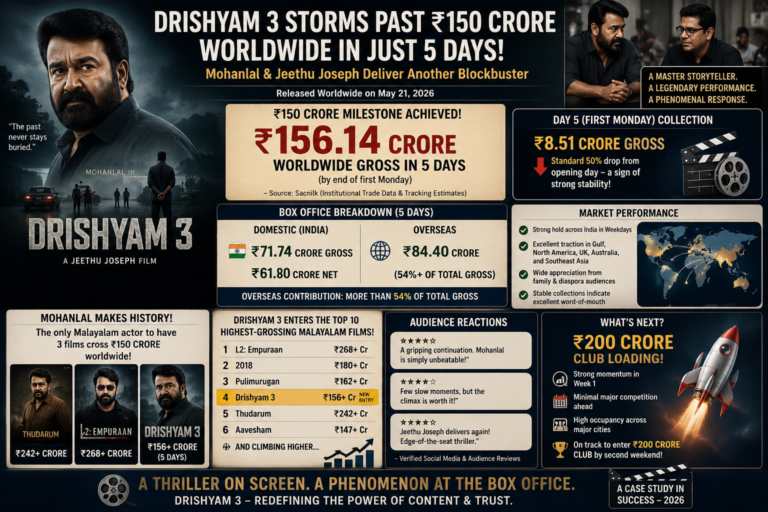 Drishyam 3 box office, Mohanlal, Jeethu Joseph, Drishyam 3 collection, Malayalam cinema records worldwide, Georgekutty, Indian box office tracking 2026